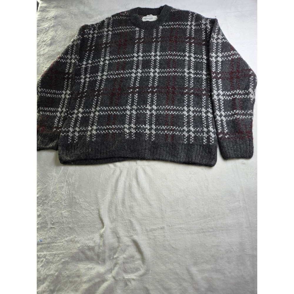 Abercrombie & Fitch Oversized Plaid‎ Crewneck Sweater Charcoal Grey Mens Large